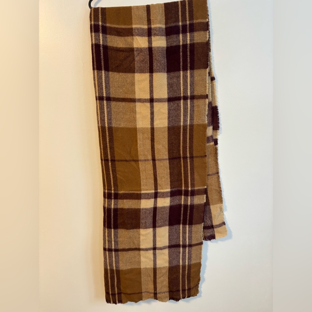 Zara Plaid Shawl in Brown and Cream Cozy Blanket Scarf Size Medium